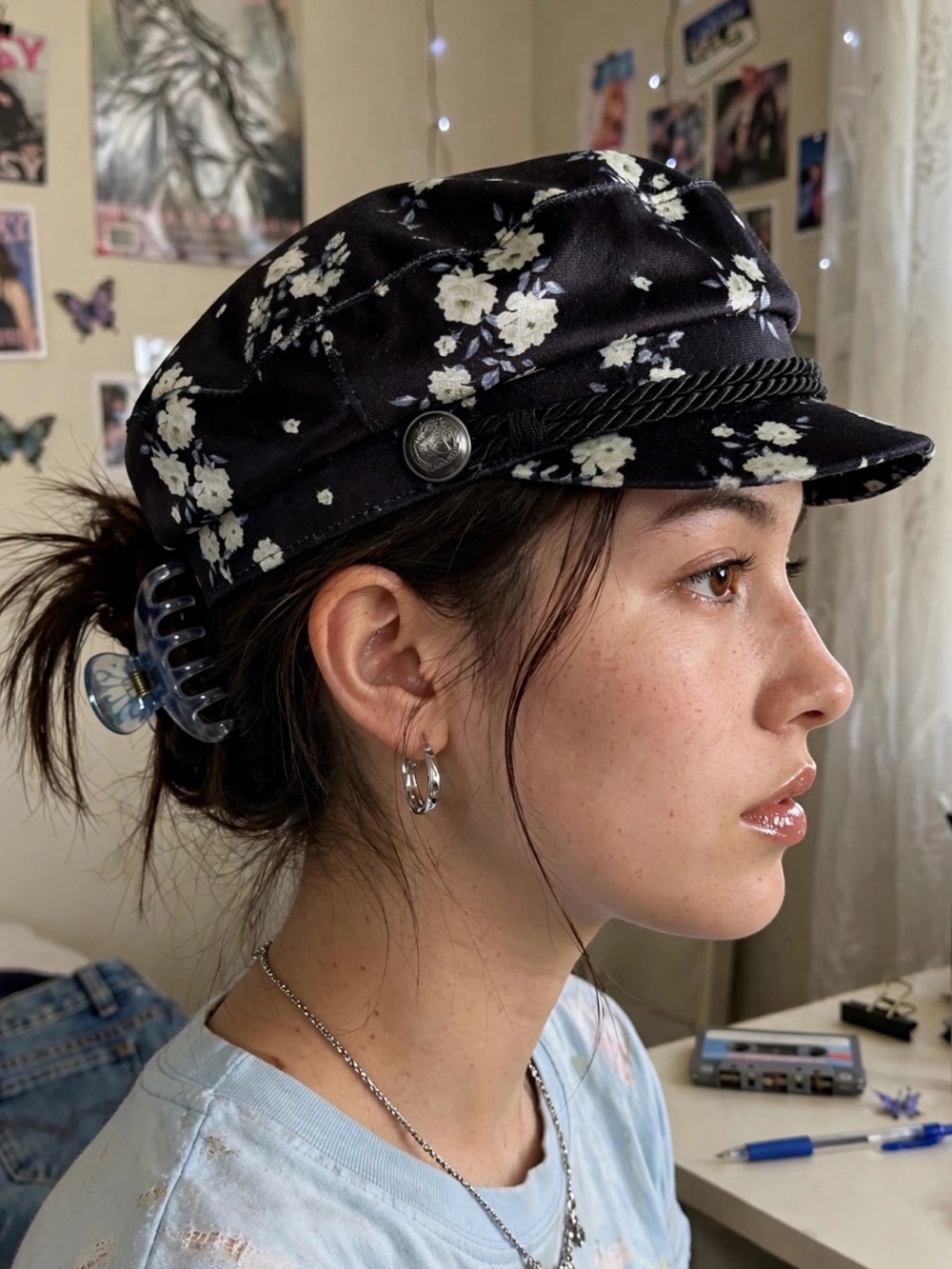 H&M Black Floral Baker Boy Cap with White Blossoms